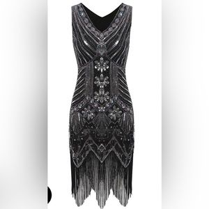 Black and Silver Sequin 20s Great Gatsby Style Flapper Dress, NWT Medium